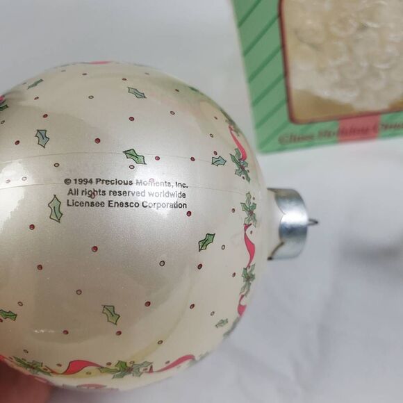 1994 Precious Moments Tidings of Joy Glass Ornament w/ Box Enesco Holiday Bow - Picture 3 of 5